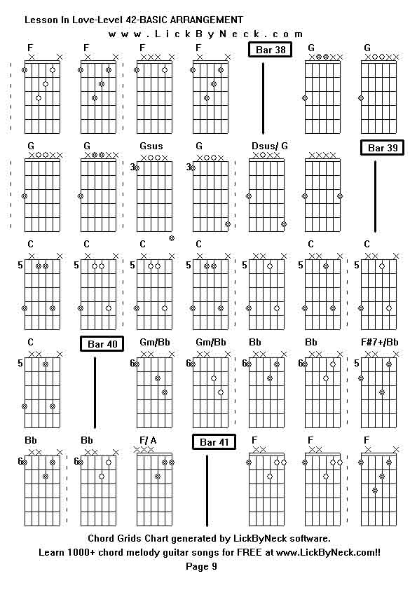 Chord Grids Chart of chord melody fingerstyle guitar song-Lesson In Love-Level 42-BASIC ARRANGEMENT,generated by LickByNeck software.